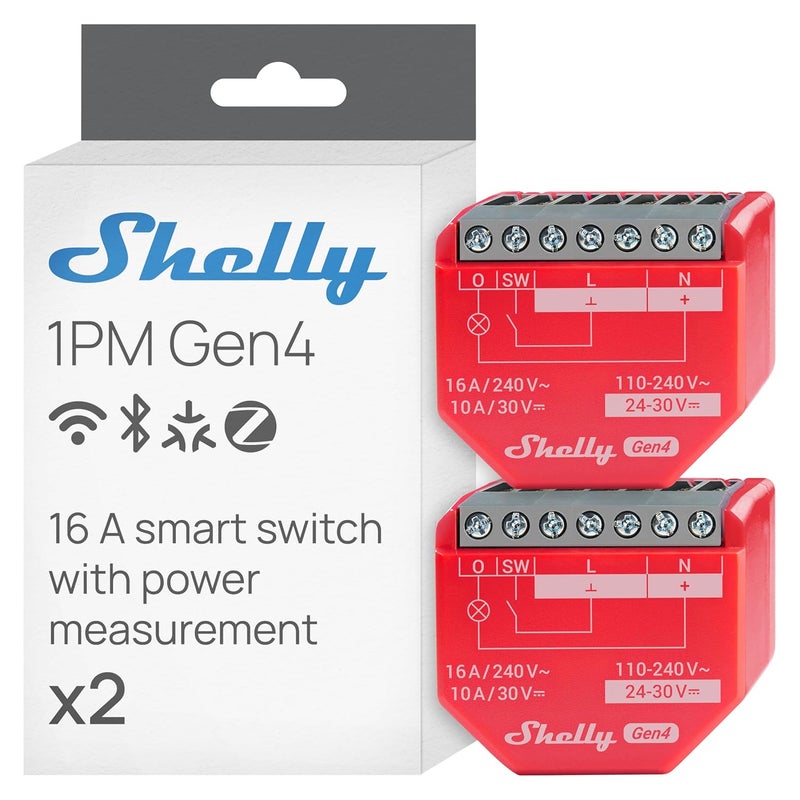 Shelly 1PM Gen4 | Wi-Fi, Zigbee, Matter Smart Relay Switch with Power Metering, 1-Channel 16A | Home Automation | Alexa, SmartThings, Google Home, Apple HomeKit Compatible | iOS Android App (2 Pack) - Image 1